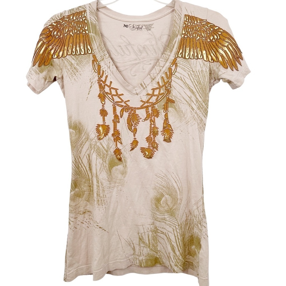 Sinful Y2K Dreamcatcher Eagle Wing Long Line Tee Tan w Textured Print Sz M
